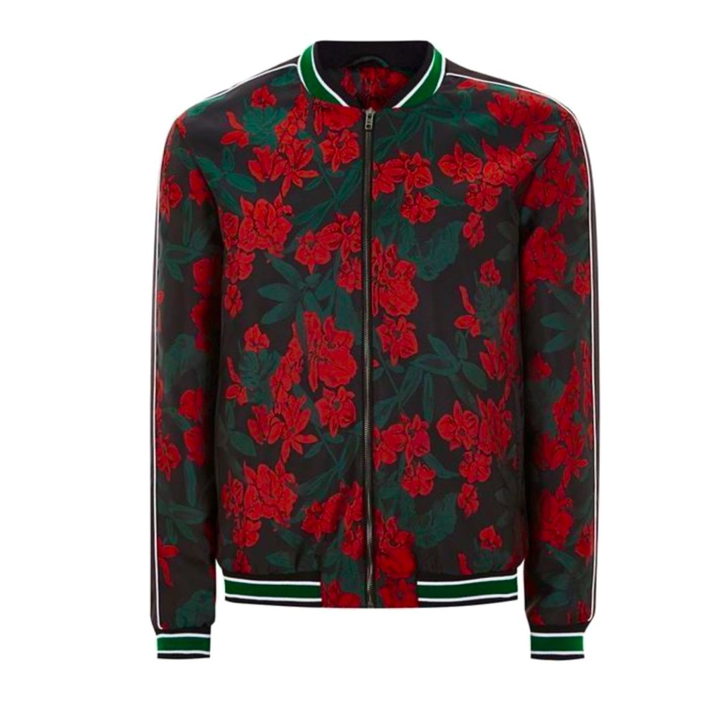 Topman Black and Red Floral “Moncler Style” Bomber Jacket